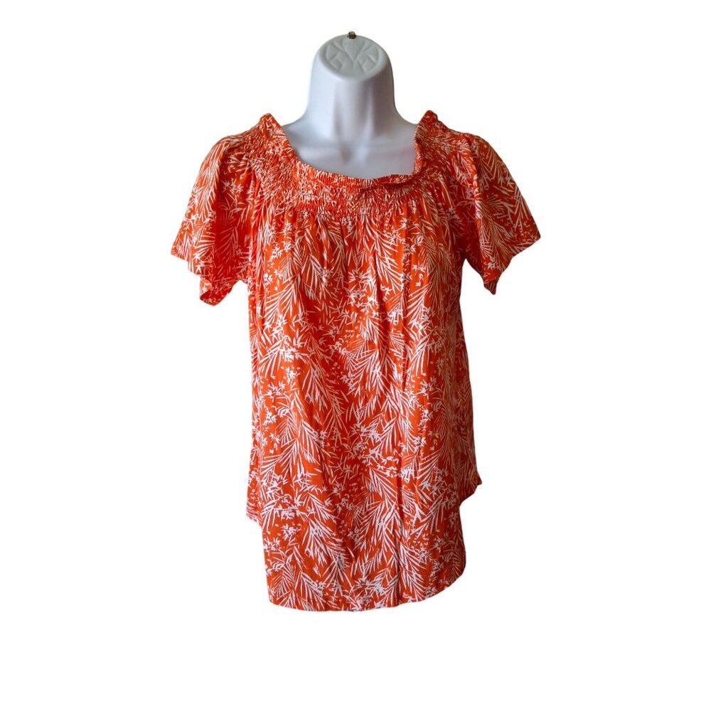 H&M L.O.G.G. Womens Smocked Top S Orange White Floral Short Sleeve Boho Hippie